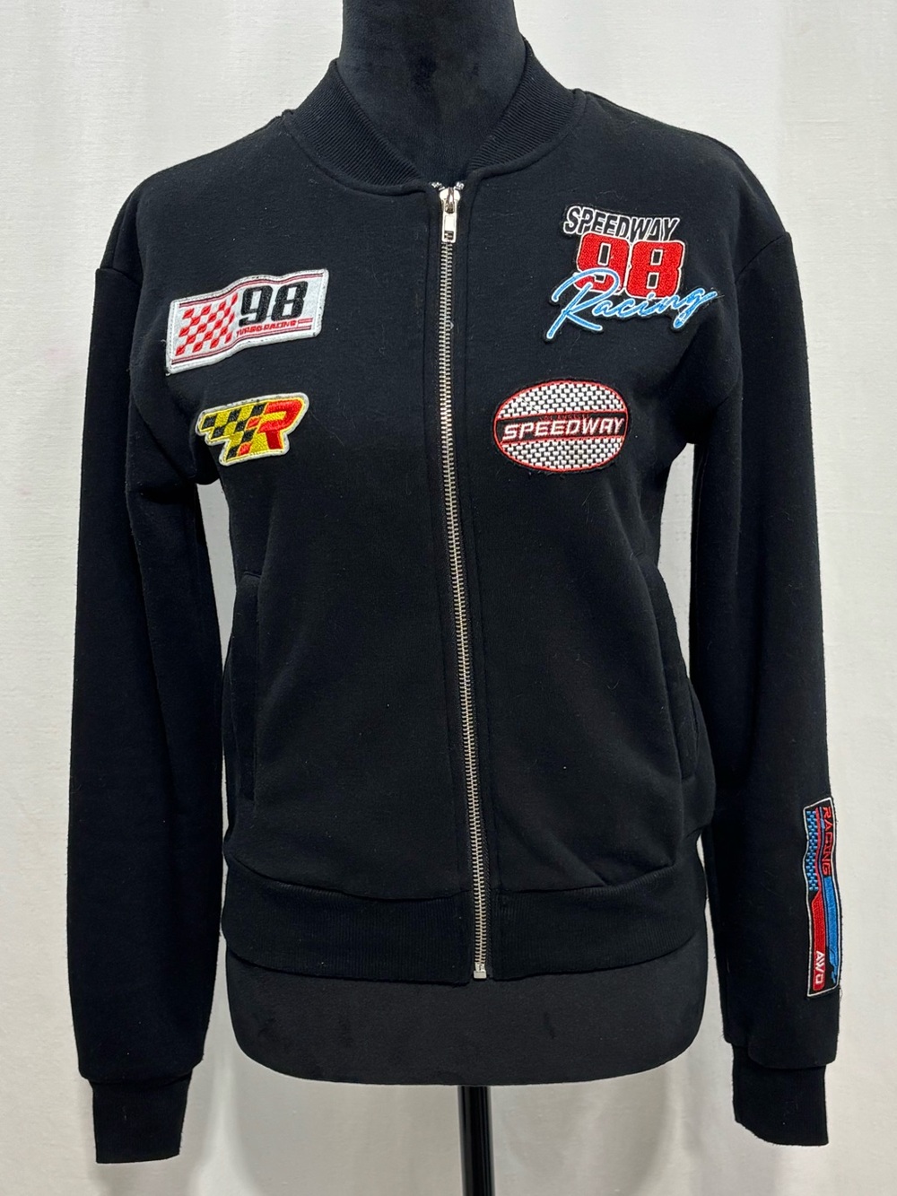 Speedway Racing Patch Black Cotton Blend Bomber Full Zip Sweater XS race sport